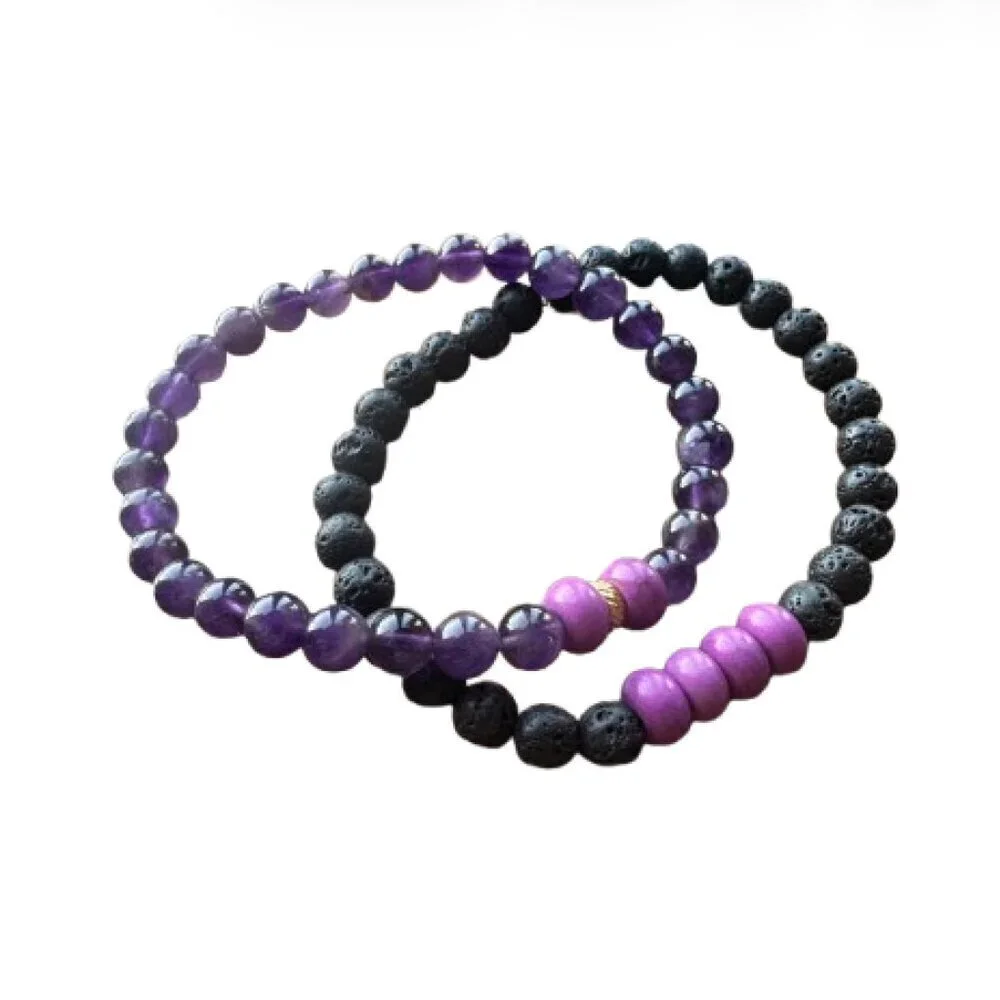 Set of 2 men's stretch bracelets - Lava & Amethyst 6 mm beads , 8